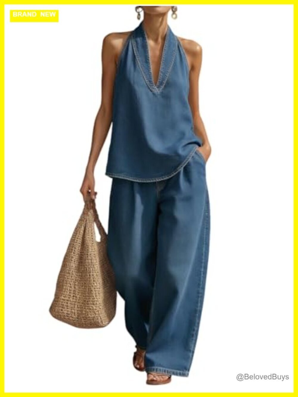 2 Piece Denim Outfits, Halter Neck Top and High Waisted Wide Leg Pant Set